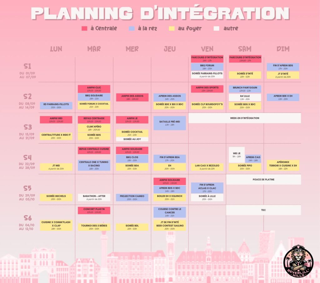 Planning d’intégration du BDE École Centrale Lille